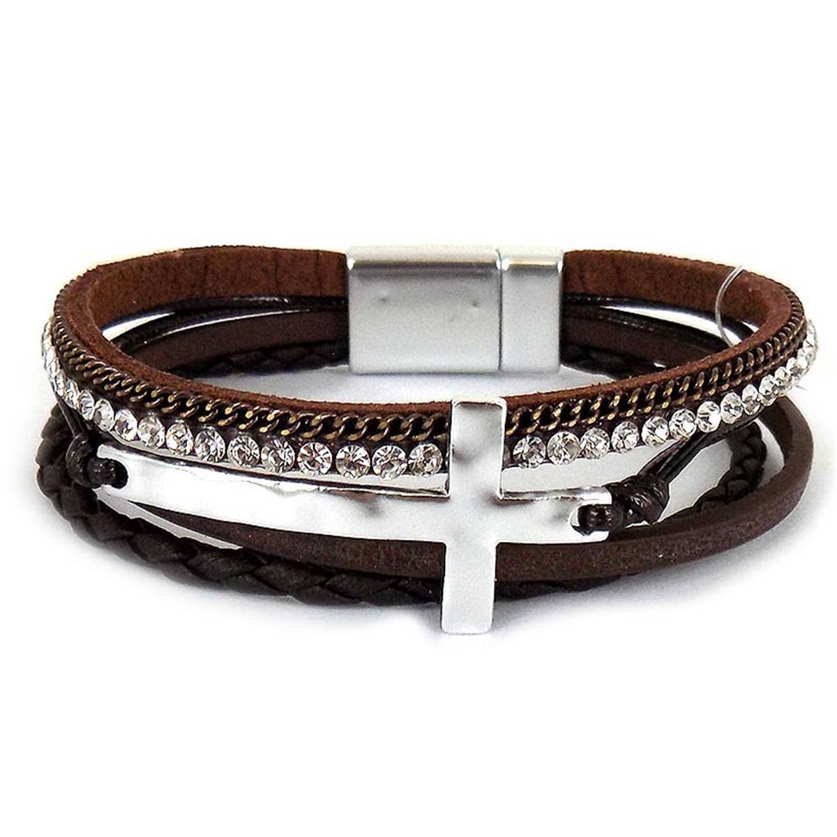 Hammered Cross Leather Strap Magnetic Bracelet