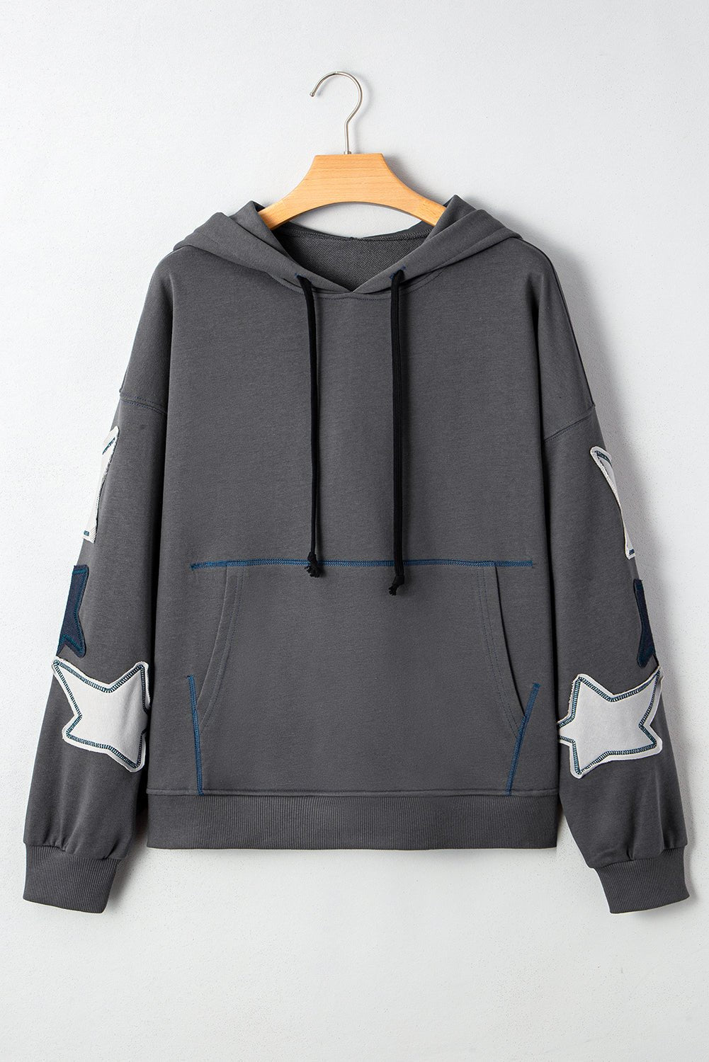 Carbon Grey Star Patchwork Contrast Stitching Mineral Wash Kangaroo Pocket Vintage Hoodie - LiberTees for All