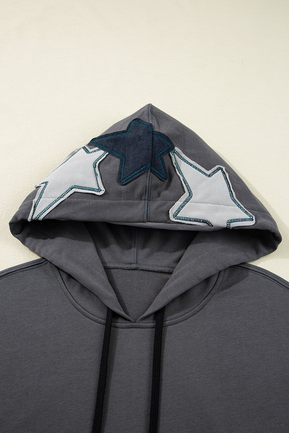 Carbon Grey Star Patchwork Contrast Stitching Mineral Wash Kangaroo Pocket Vintage Hoodie - LiberTees for All