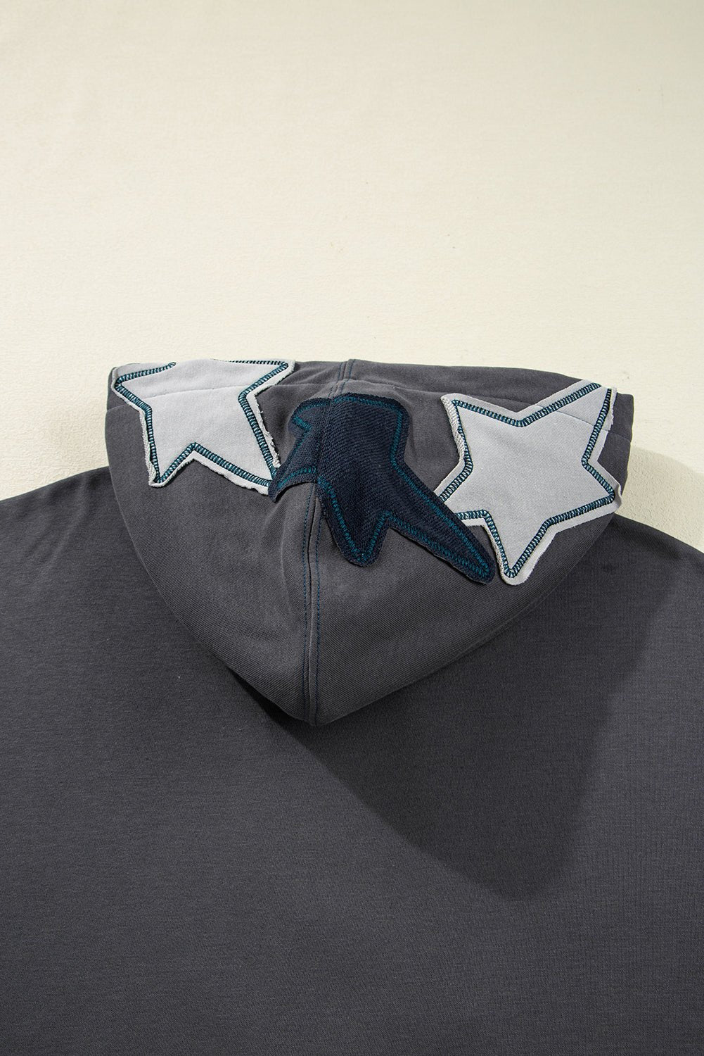 Carbon Grey Star Patchwork Contrast Stitching Mineral Wash Kangaroo Pocket Vintage Hoodie - LiberTees for All