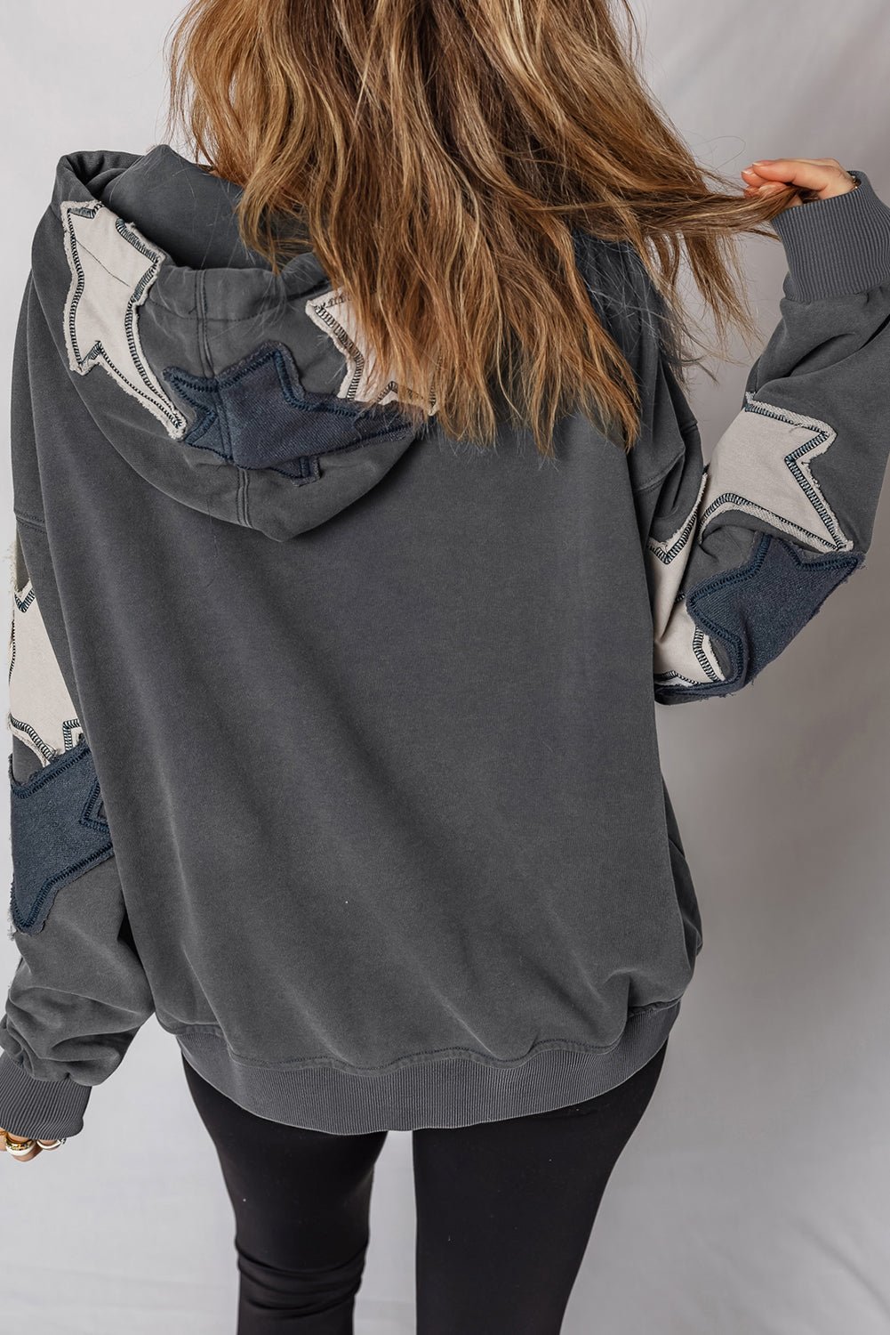 Carbon Grey Star Patchwork Contrast Stitching Mineral Wash Kangaroo Pocket Vintage Hoodie - LiberTees for All