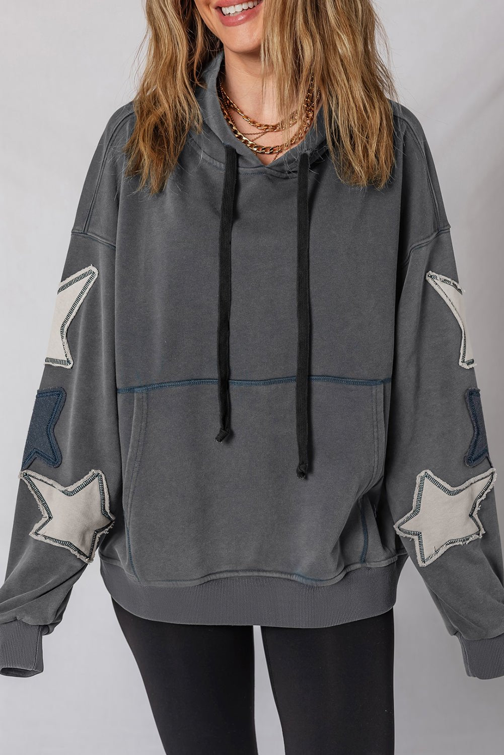 Carbon Grey Star Patchwork Contrast Stitching Mineral Wash Kangaroo Pocket Vintage Hoodie - LiberTees for All