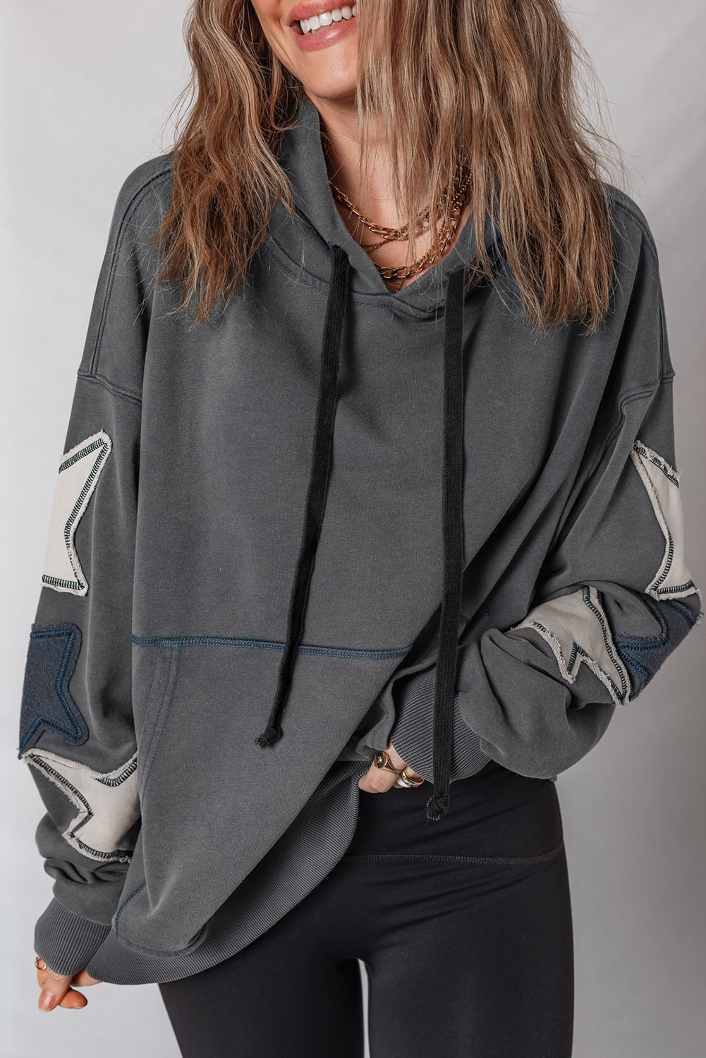 Carbon Grey Star Patchwork Contrast Stitching Mineral Wash Kangaroo Pocket Vintage Hoodie - LiberTees for All