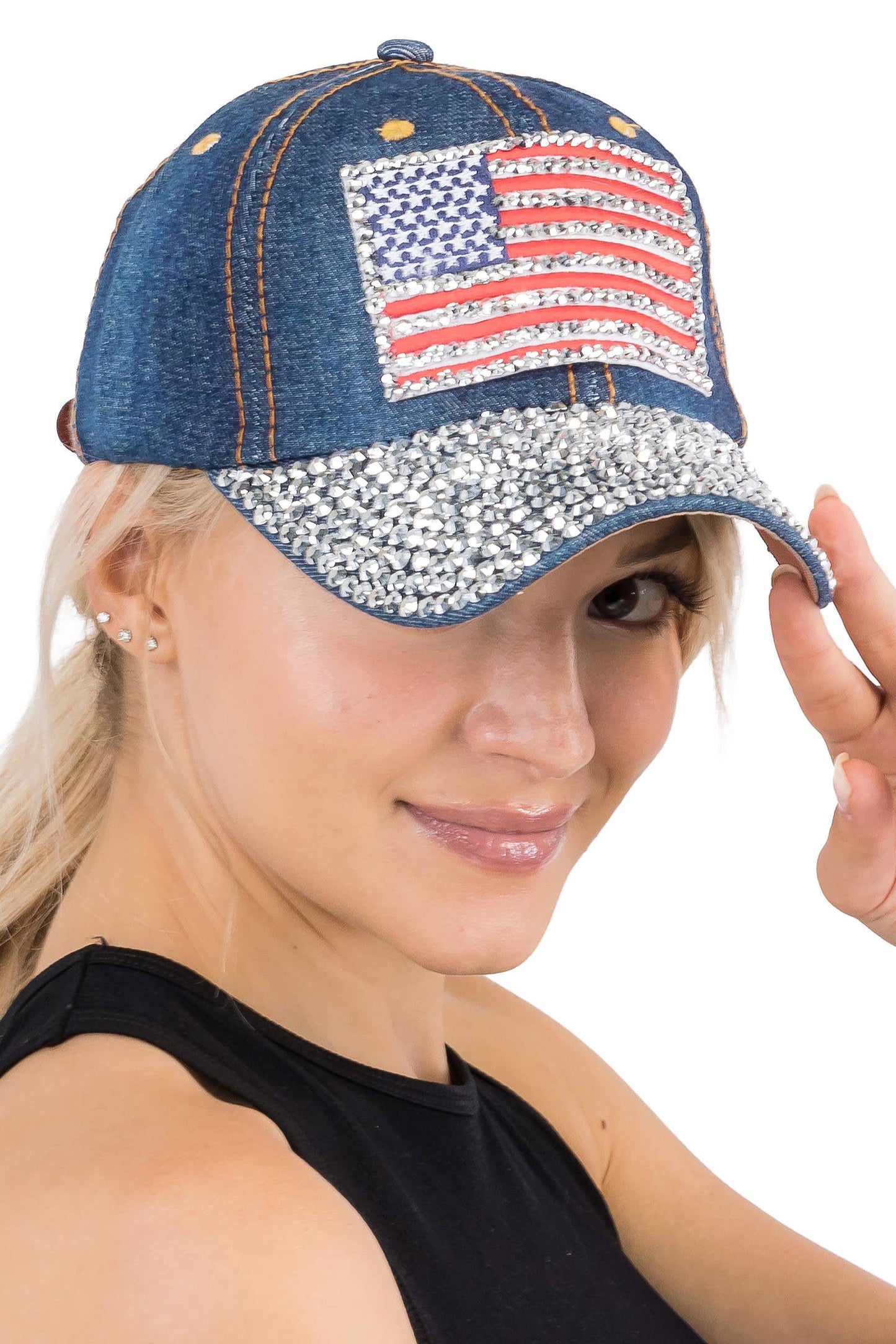 American Flag Bling Patch Denim Baseball Cap