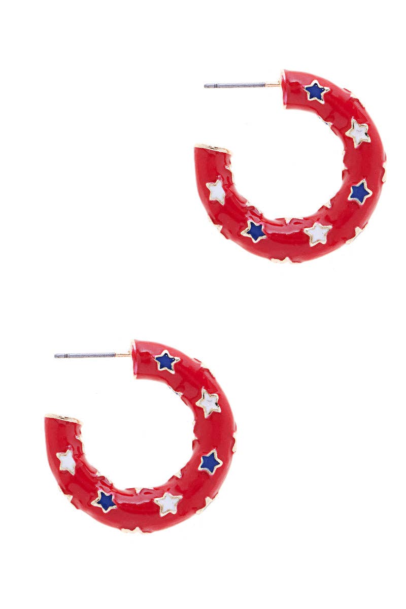 American Flag Color With Star Enamel Hoop Earrings