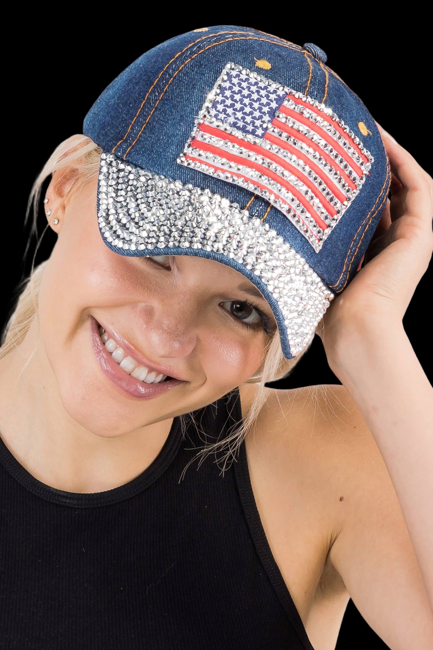 American Flag Bling Patch Denim Baseball Cap