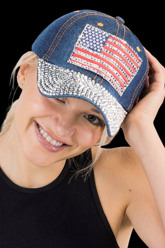 American Flag Bling Patch Denim Baseball Cap