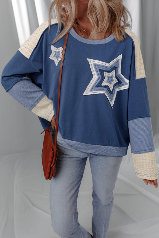 Dark Blue Contrast Knitted Colorblock Star Patchwork Oversize Long Sleeve Top - LiberTees for All