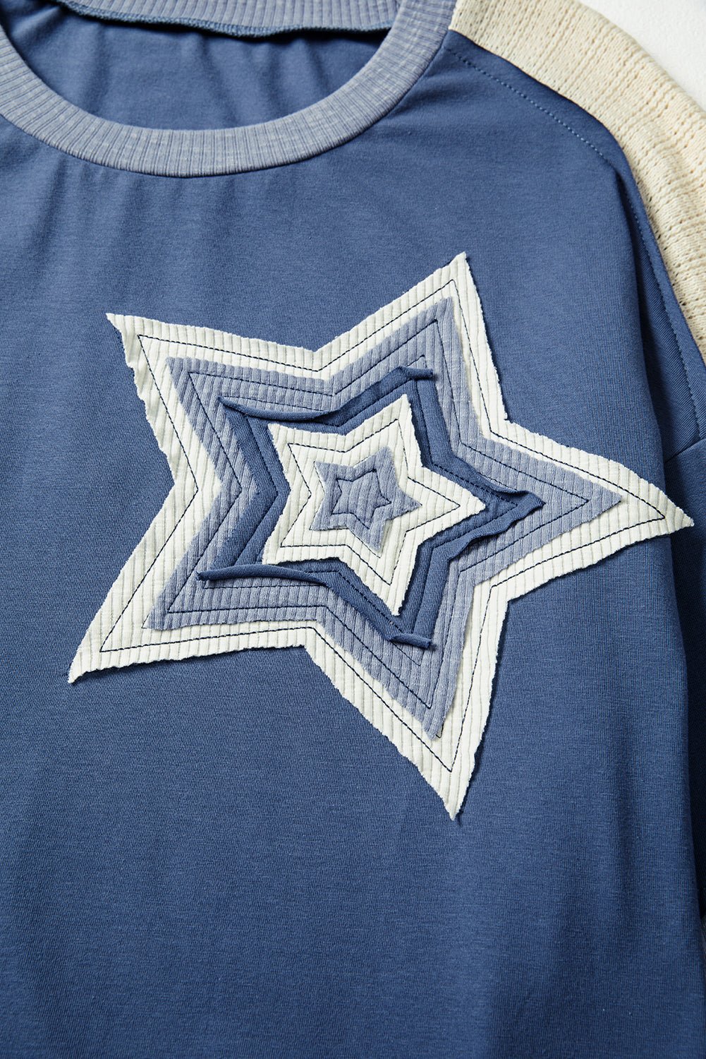 Dark Blue Contrast Knitted Colorblock Star Patchwork Oversize Long Sleeve Top - LiberTees for All