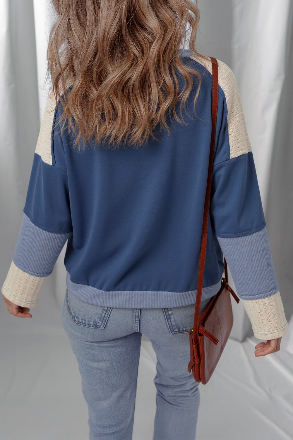 Dark Blue Contrast Knitted Colorblock Star Patchwork Oversize Long Sleeve Top - LiberTees for All