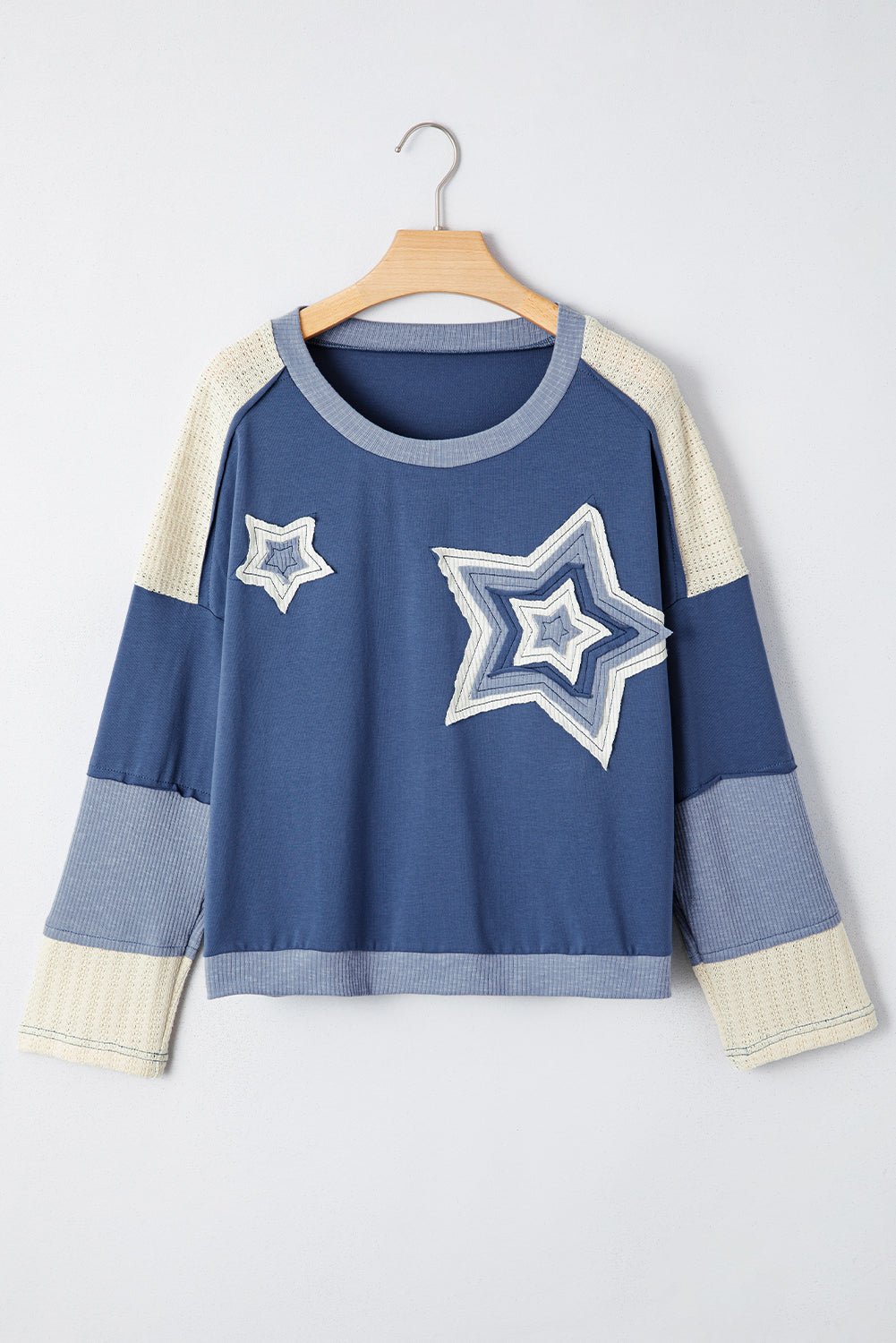 Dark Blue Contrast Knitted Colorblock Star Patchwork Oversize Long Sleeve Top - LiberTees for All