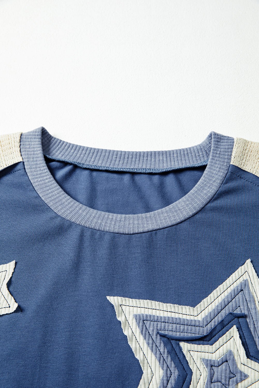 Dark Blue Contrast Knitted Colorblock Star Patchwork Oversize Long Sleeve Top - LiberTees for All