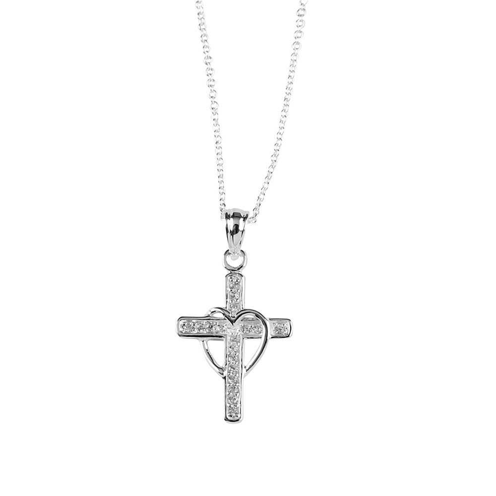 Silver Plated Cross Draped Heart Necklace