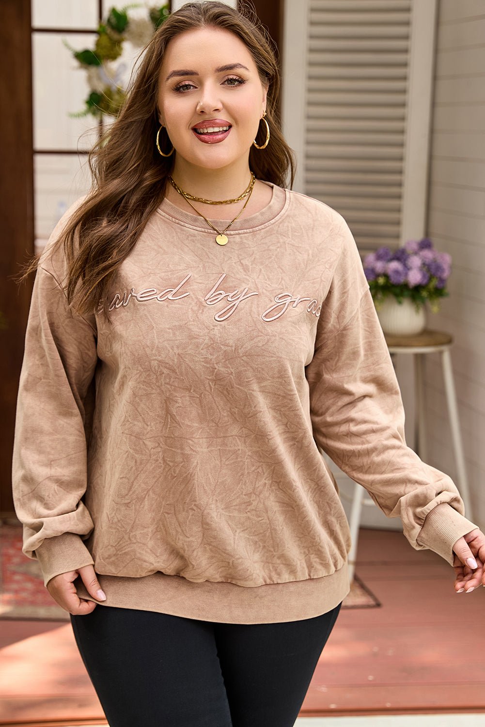 DUNE saved by grace Embroidered Mineral Wash Plus Size Sweatshirt - LiberTees for All
