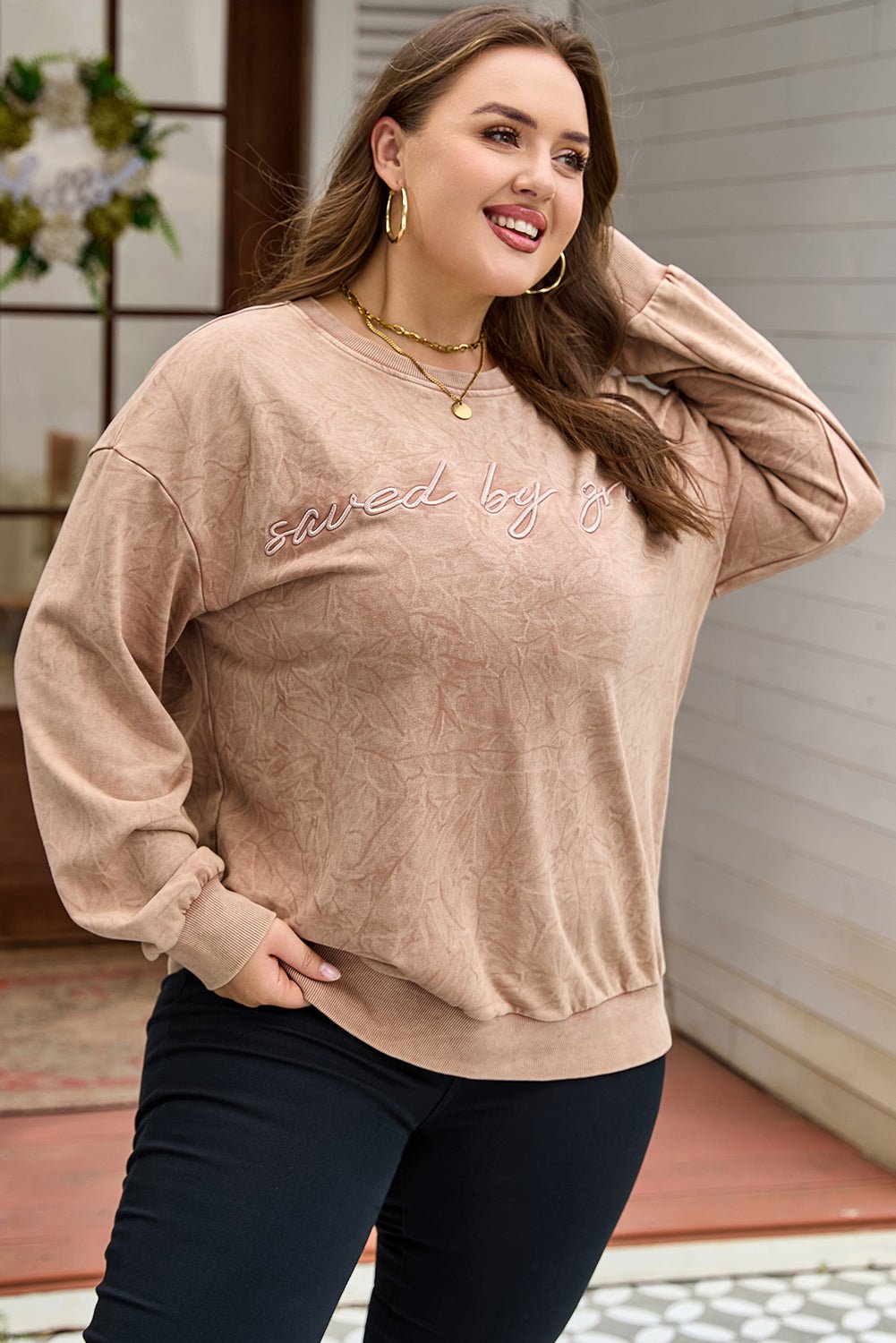 DUNE saved by grace Embroidered Mineral Wash Plus Size Sweatshirt - LiberTees for All