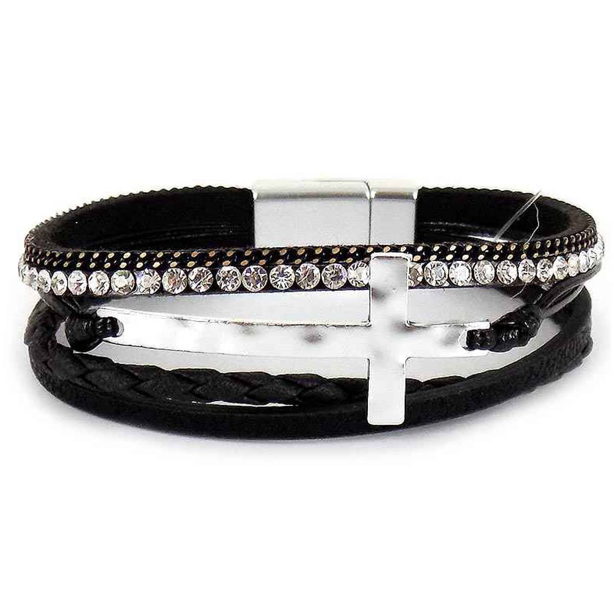 Hammered Cross Leather Strap Magnetic Bracelet