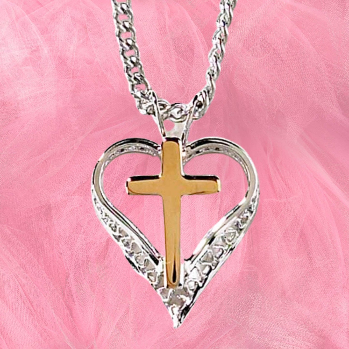 Silver Plated Filigree Heart With Gold Plated Cross Necklace