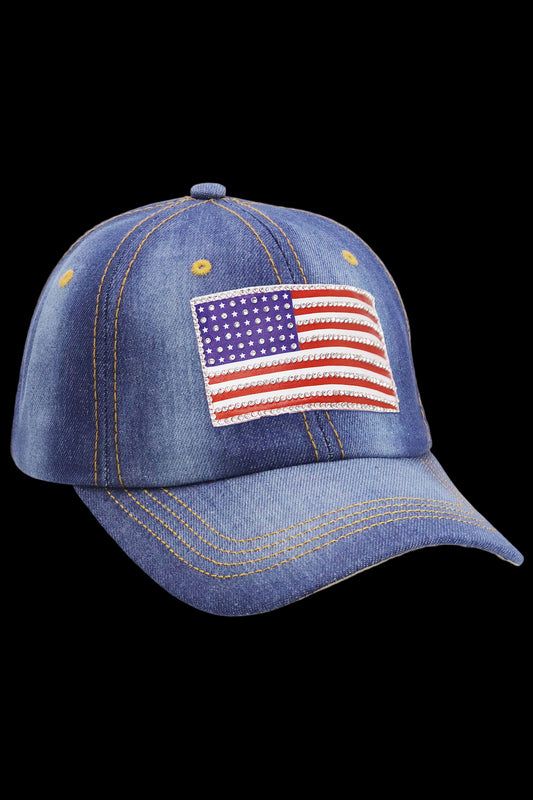 American Flag Bling Patch Denim Baseball Cap