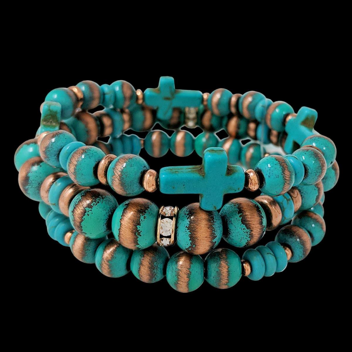 Turquoise Cross Western Pearl Stackable Stretch Bracelet