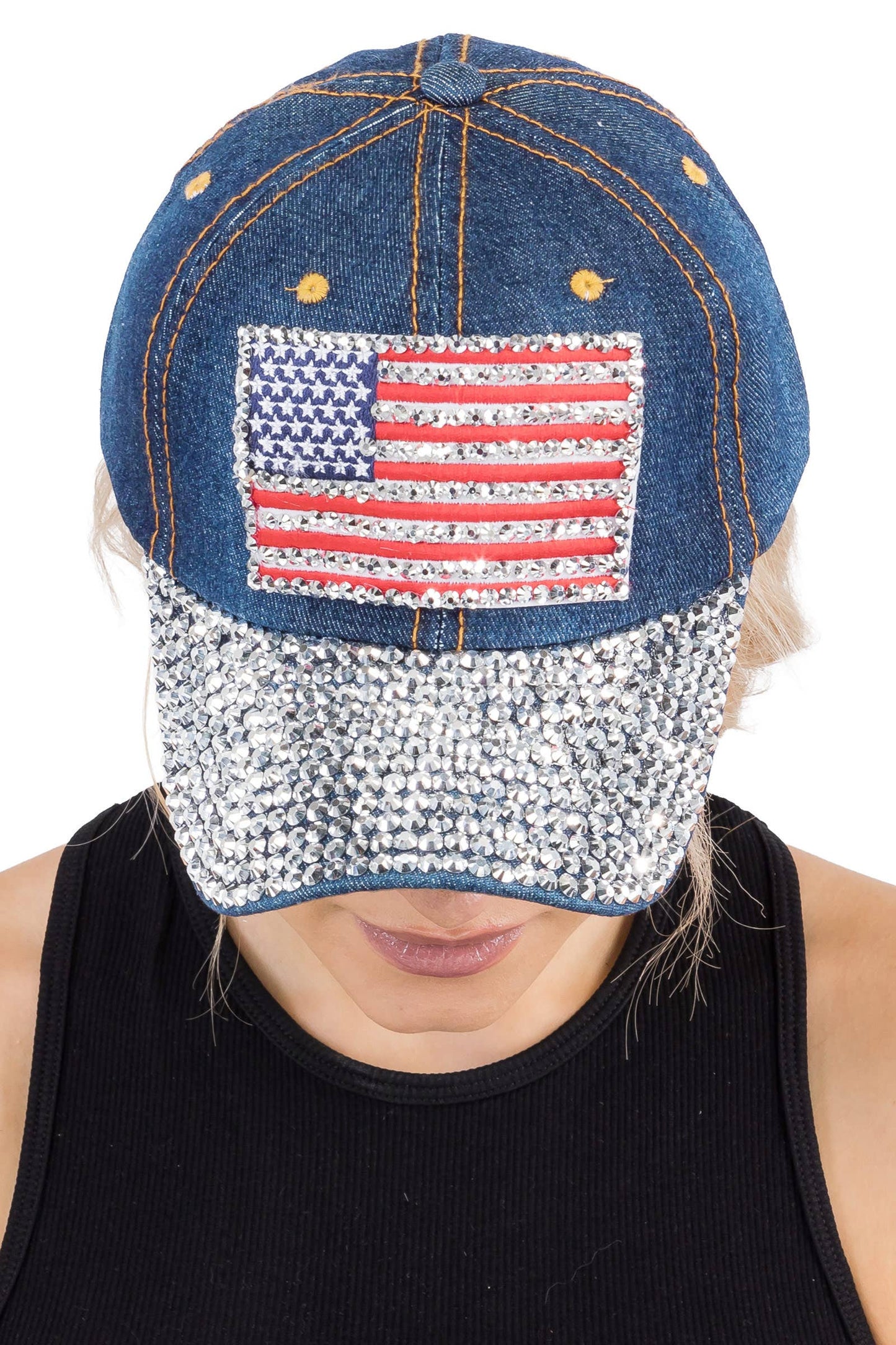 American Flag Bling Patch Denim Baseball Cap