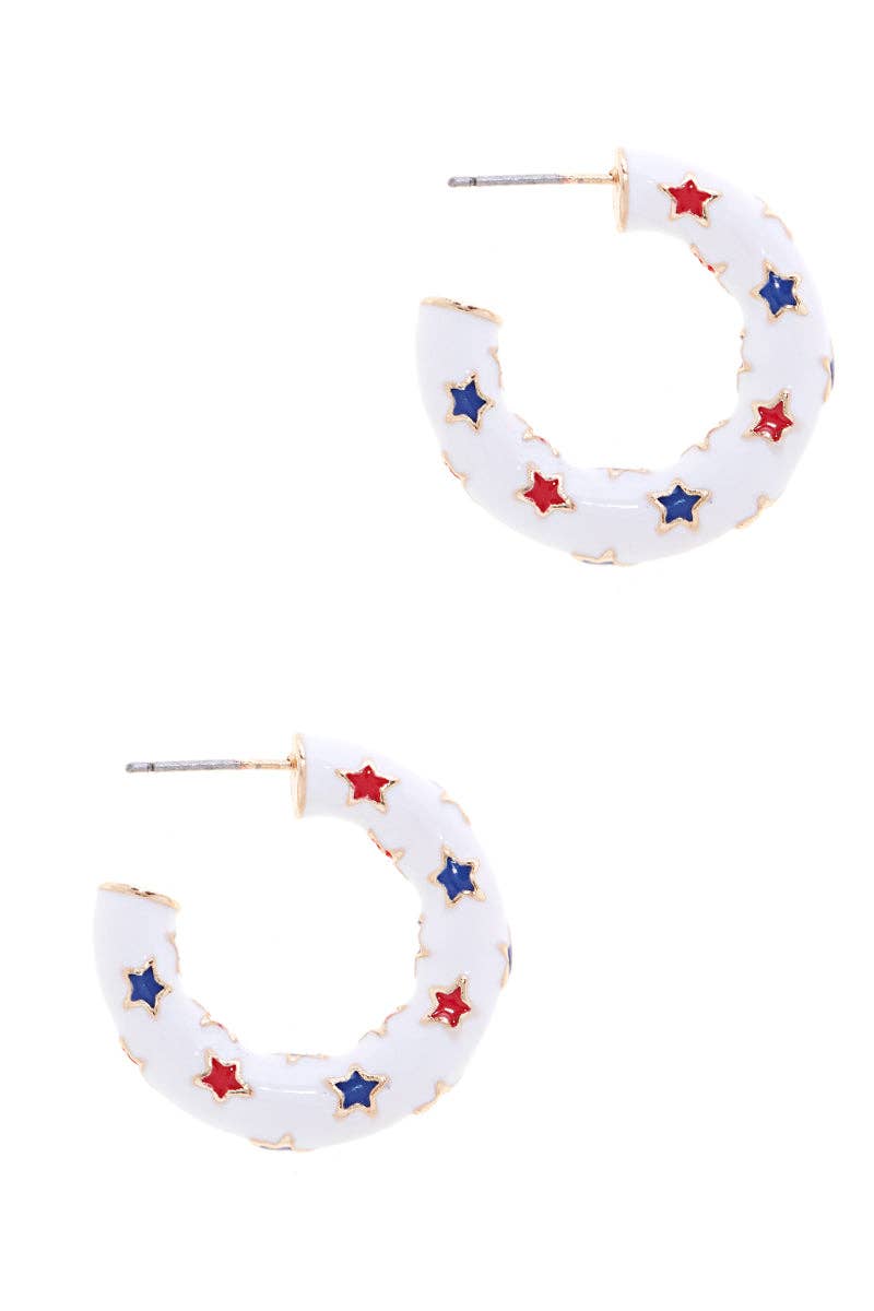 American Flag Color With Star Enamel Hoop Earrings