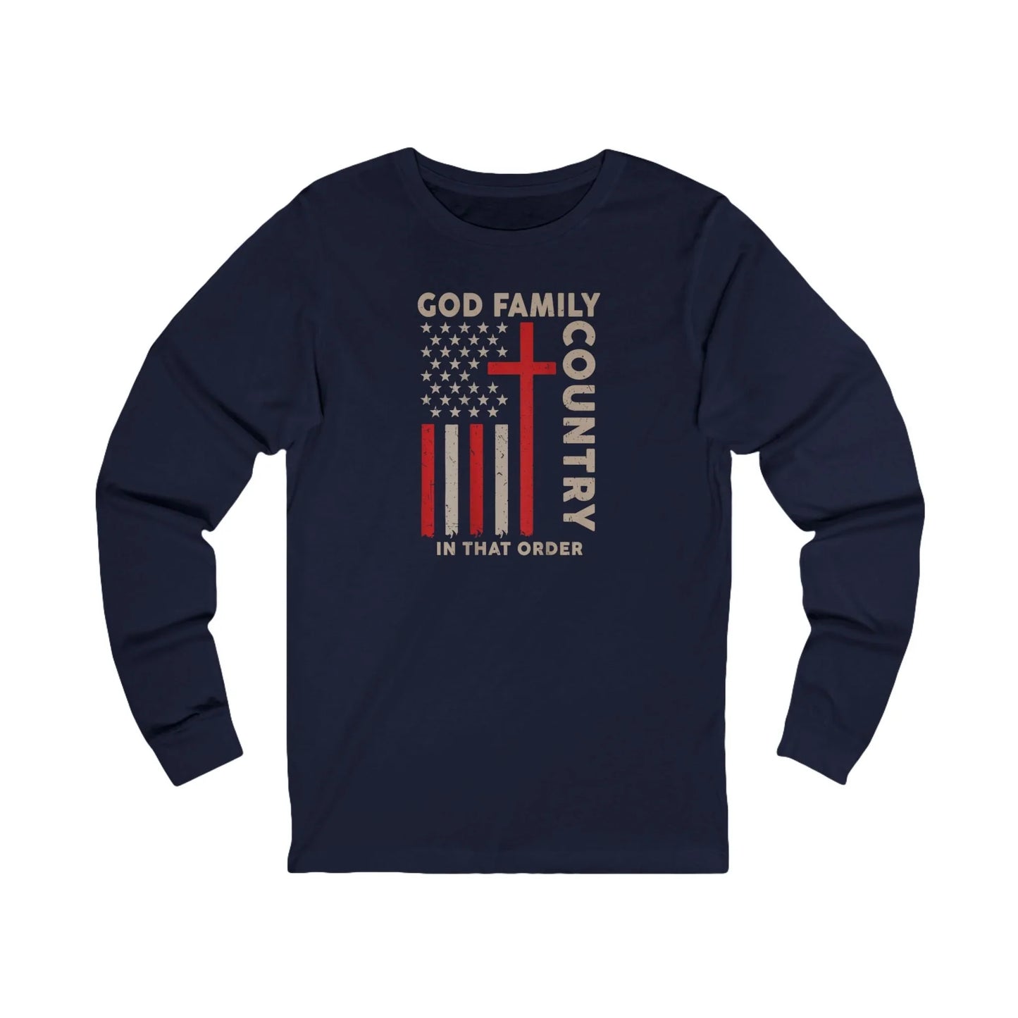 God Family Country Cross American Flag Long Sleeve Tee - LiberTees for All