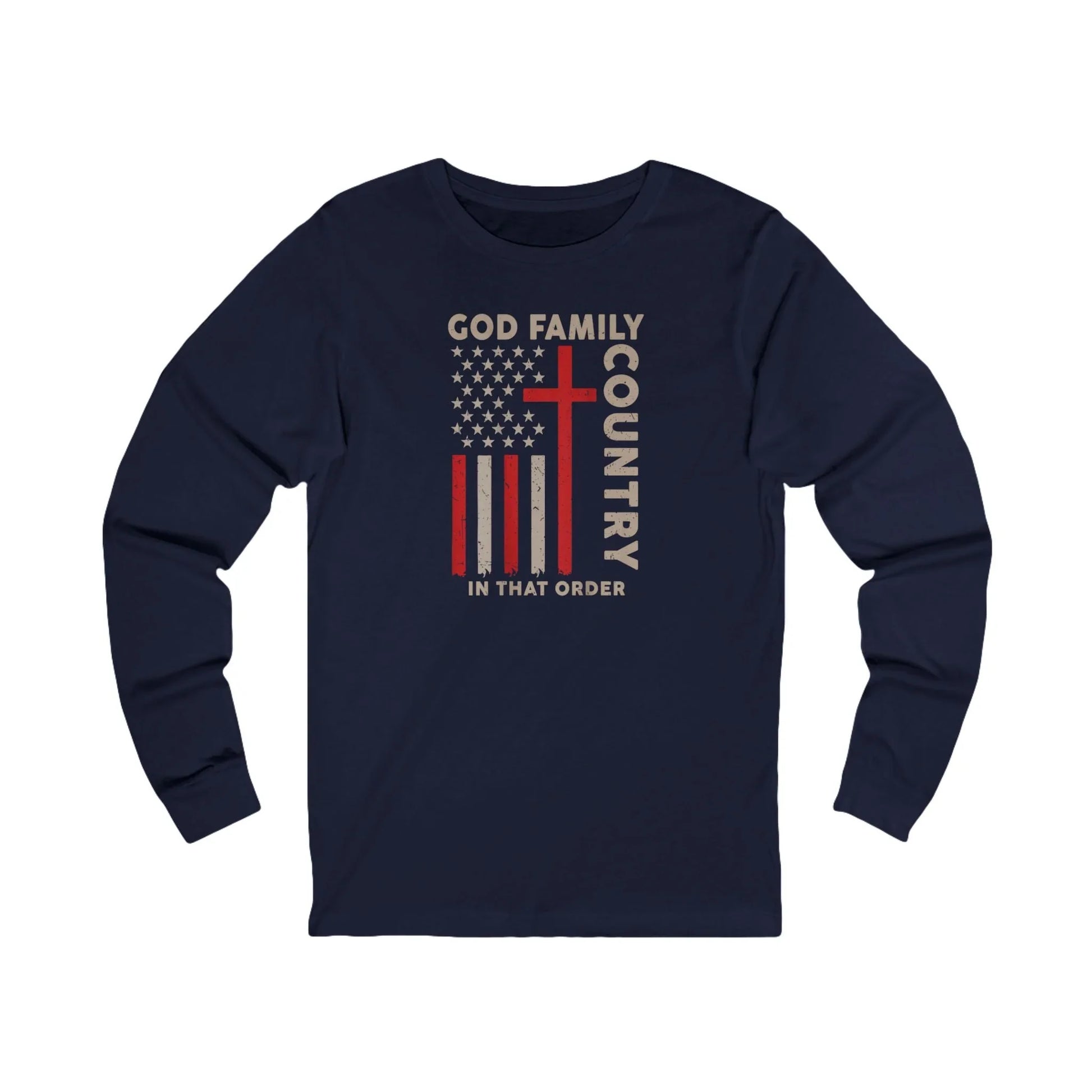 God Family Country Cross American Flag Long Sleeve Tee - LiberTees for All