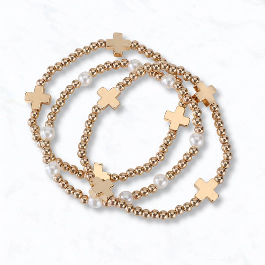 Gold Beaded Cross Bracelet Set with Pearl Accent - LiberTees for All