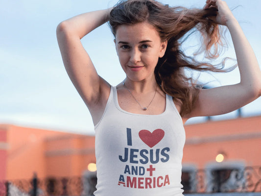 I Love Jesus and America Tank — Women's Racerback Faith & Patriotism Tank Top - LiberTees for All