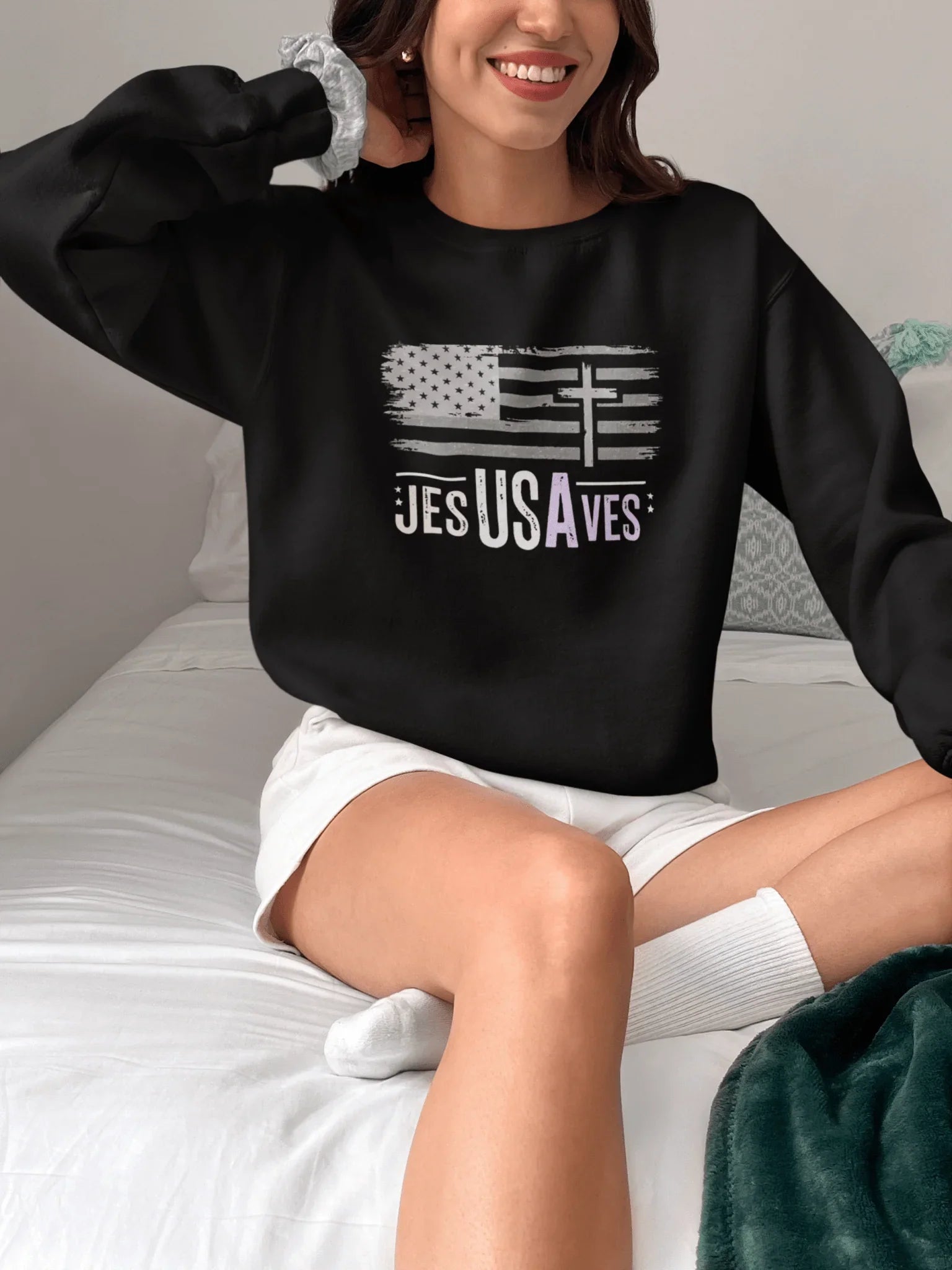 Jesus Saves American Flag Crewneck Sweatshirt — Faith Patriotic Pullover - LiberTees for All