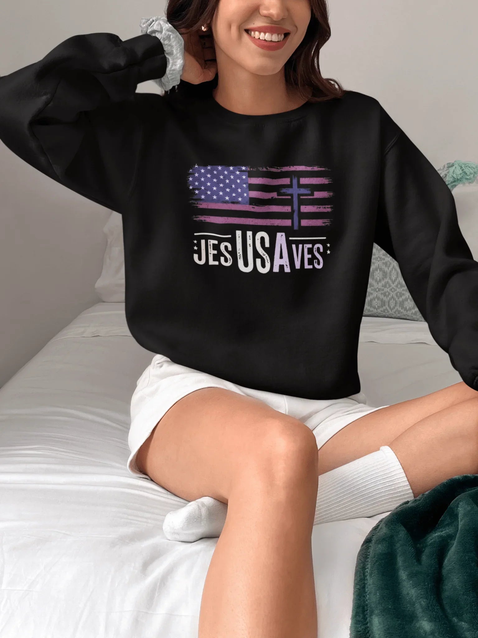 Jesus Saves American Flag Crewneck Sweatshirt — Faith Patriotic Pullover - LiberTees for All
