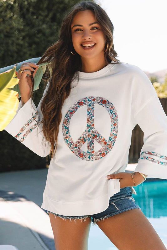 Jet Stream Floral Peace Sign Graphic Drop Shoulder Wide Sleeve Casual Top - LiberTees for All