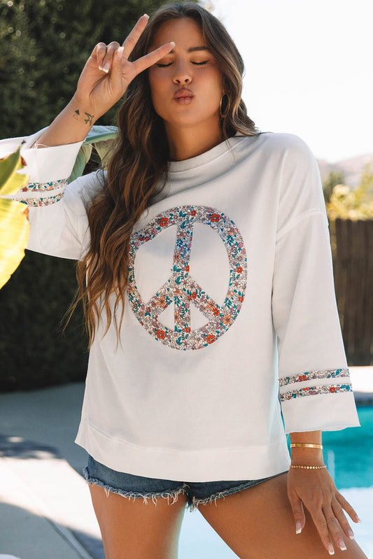Jet Stream Floral Peace Sign Graphic Drop Shoulder Wide Sleeve Casual Top - LiberTees for All