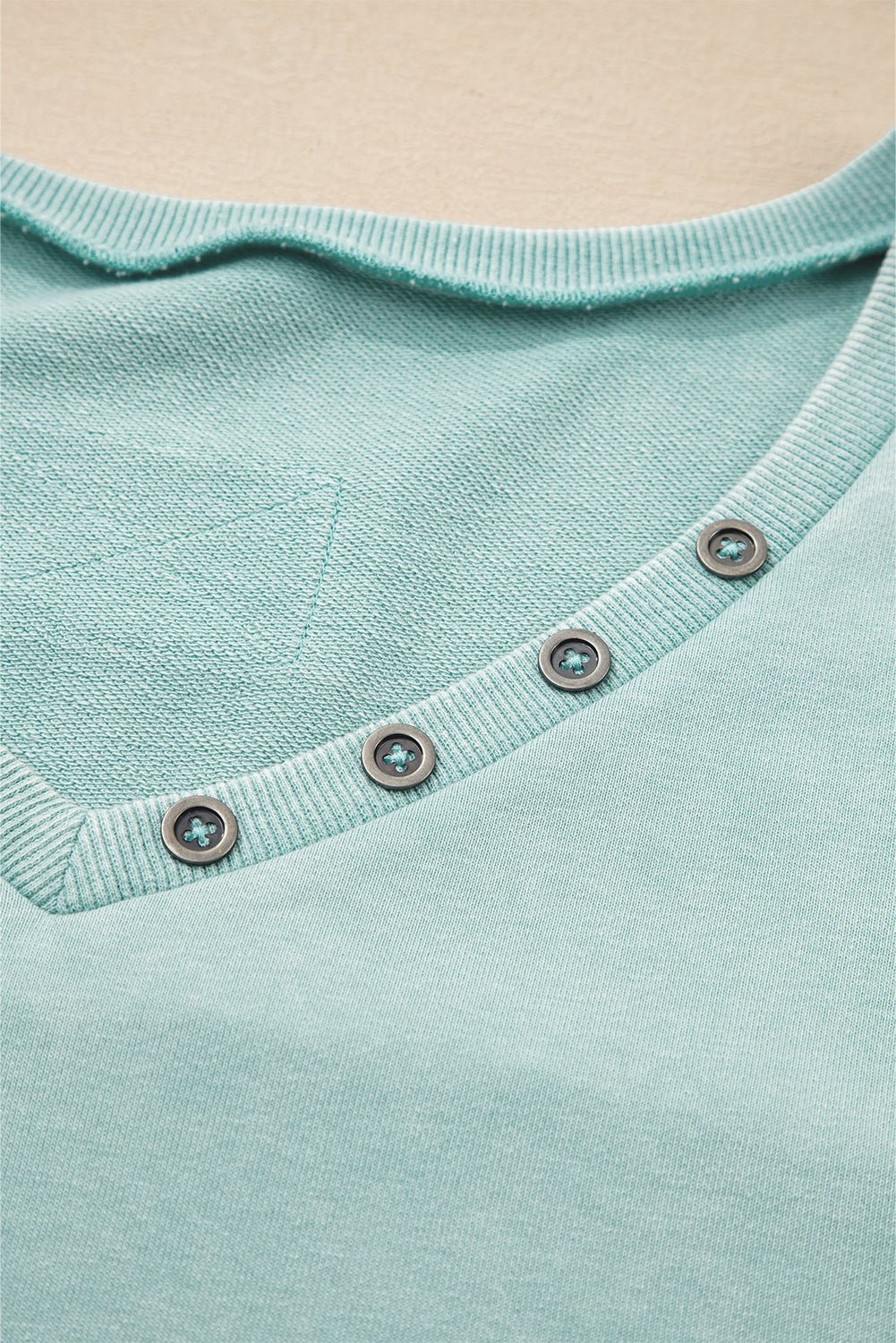 Mist Blue Mineral Wash Exposed Seam Buttoned V Neck Pullover Top - LiberTees for All