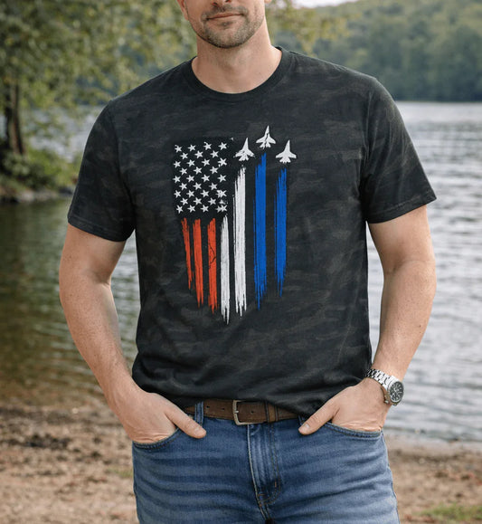 Patriotic Jet Flag Camo Tee — Red White Blue Fighter Jet USA T‑Shirt - LiberTees for All