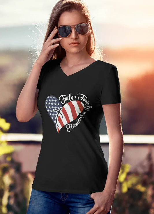 Patriotic V - Neck T-Shirt, Faith Family Freedom Tee, Women's Casual Top - LiberTees for All