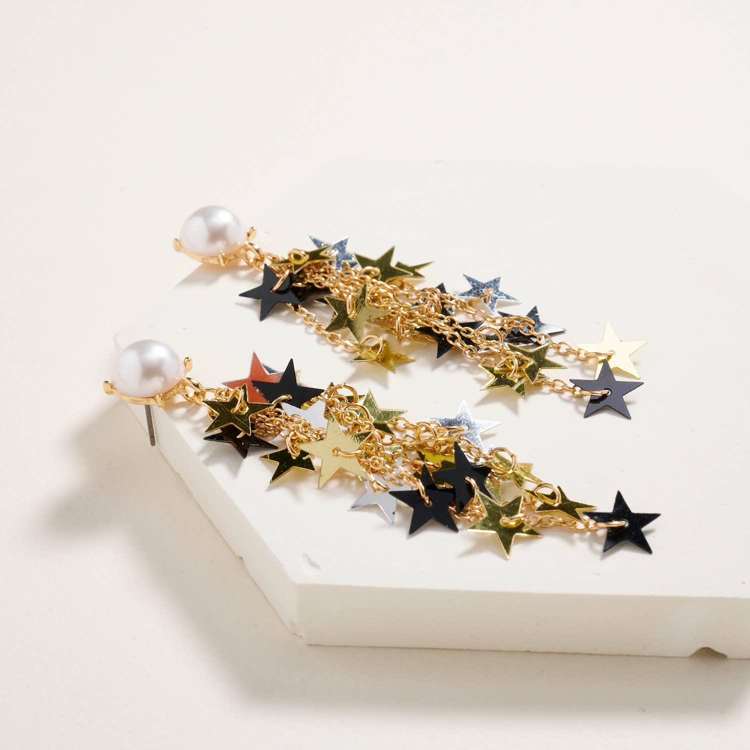 Pearl with Star Confetti Tassel Post Earrings - LiberTees for All