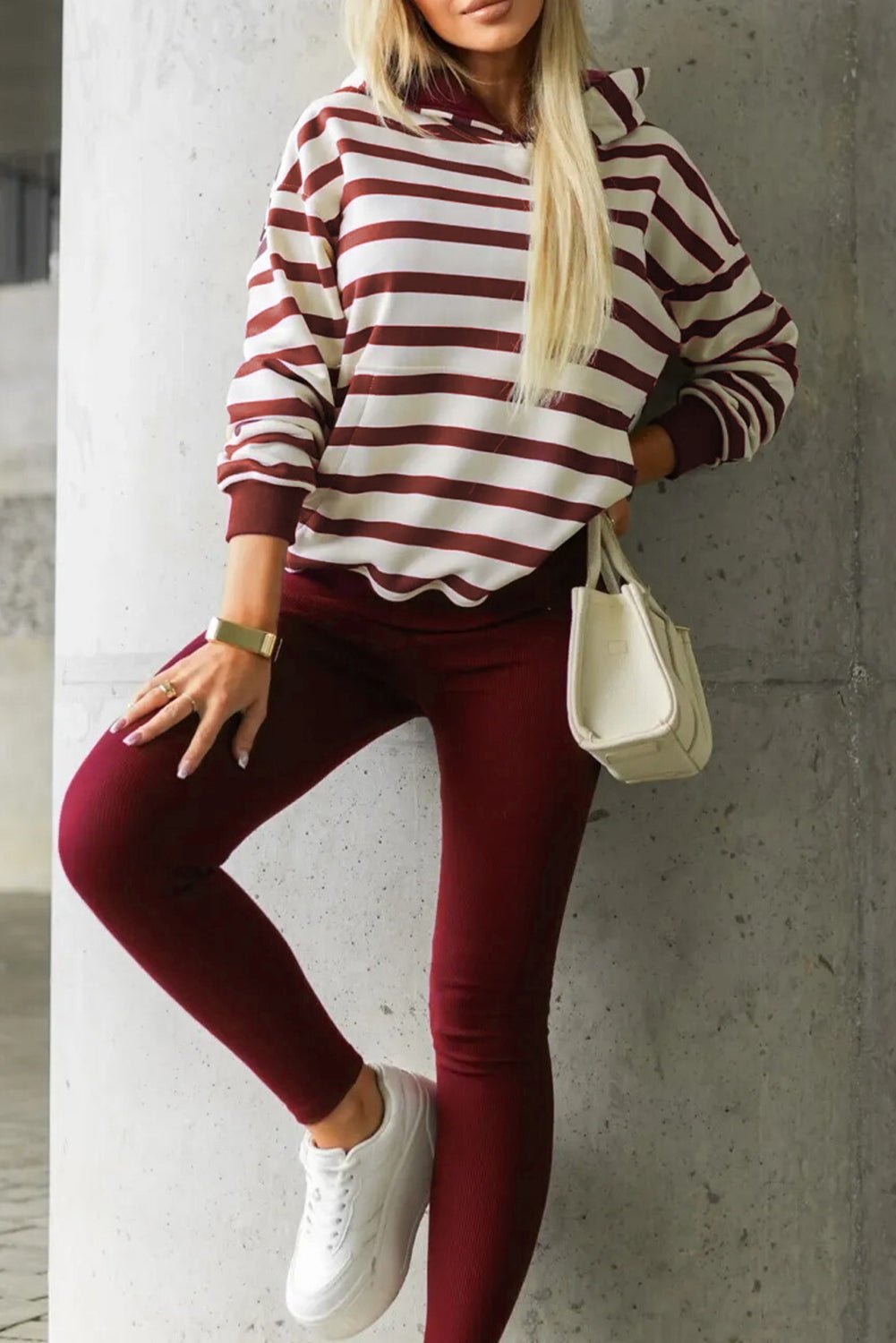 Red Stripe Pullover Hoodie Ribbed Solid Pants 2pcs Set Outfit - LiberTees for All