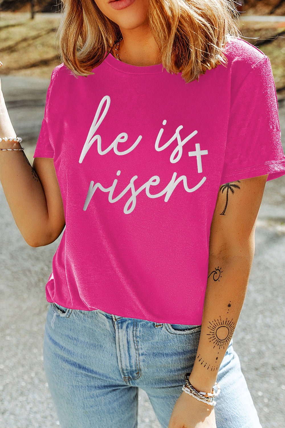 Rose Red Glitter he is risen Cross Printed Crewneck Tee - LiberTees for All