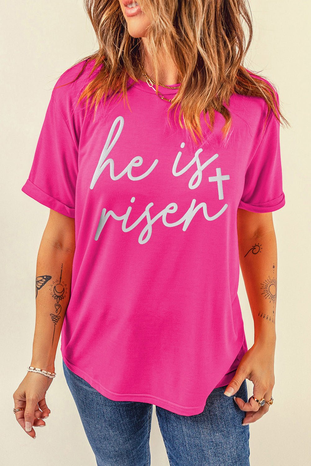 Rose Red Glitter he is risen Cross Printed Crewneck Tee - LiberTees for All