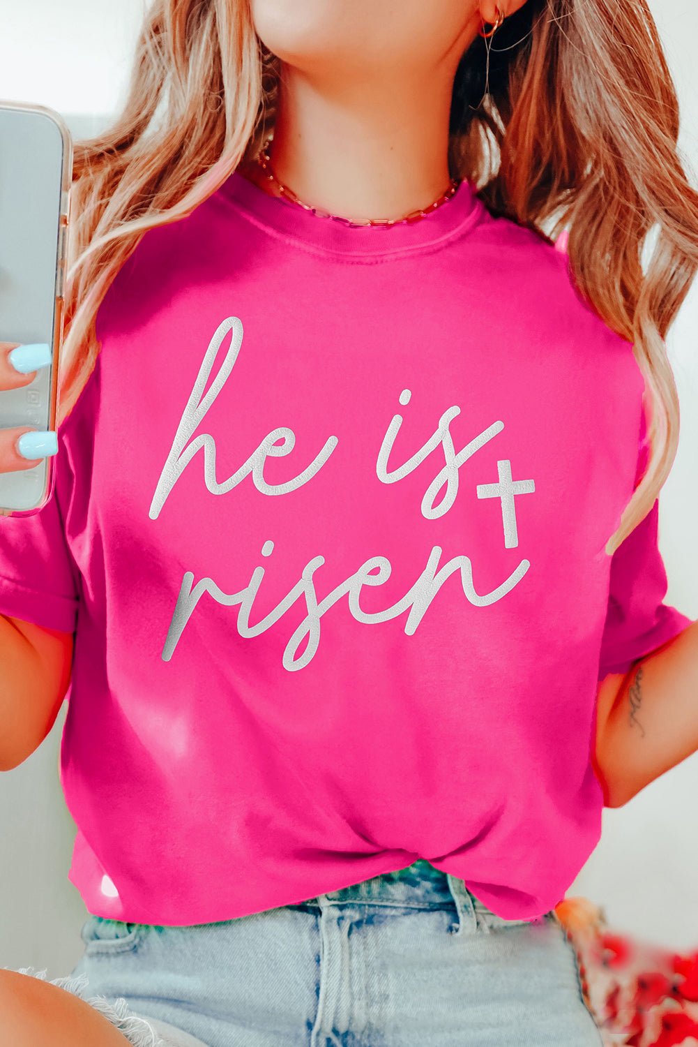 Rose Red Glitter he is risen Cross Printed Crewneck Tee - LiberTees for All