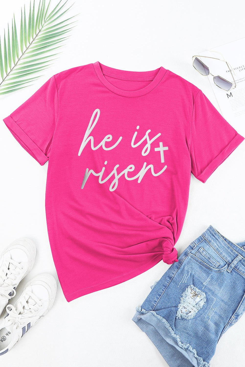 Rose Red Glitter he is risen Cross Printed Crewneck Tee - LiberTees for All