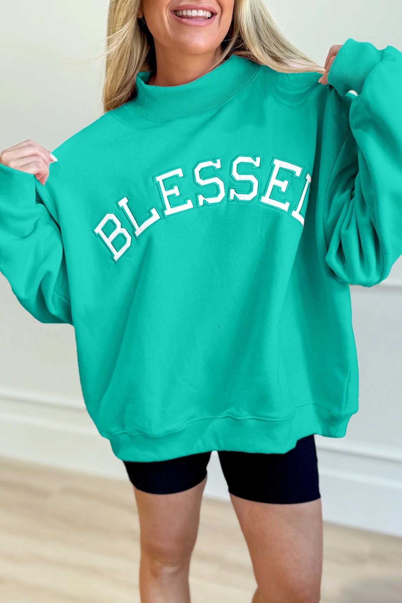 Sea Green Oversize Blessed Embroidered Mock Neck Sweatshirt - LiberTees for All
