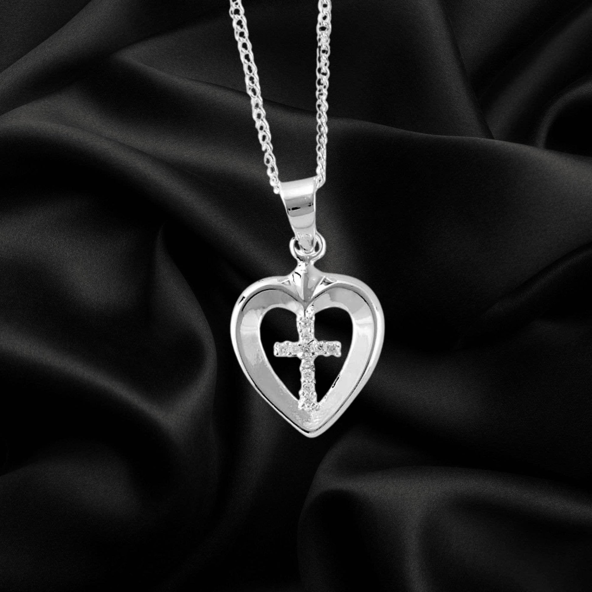 Silver Plated Heart Cross With Stones Necklace - LiberTees for All