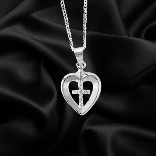 Silver Plated Heart Cross With Stones Necklace - LiberTees for All