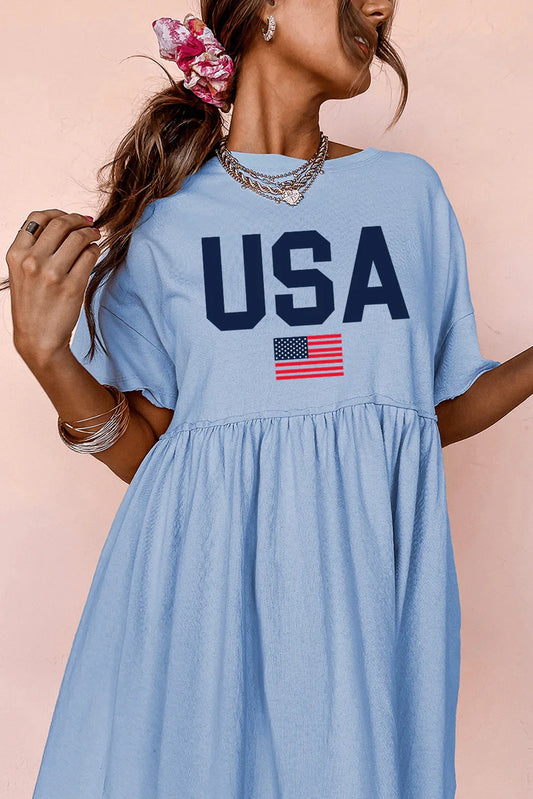Sky Blue USA Flag Print Short Sleeve High Waist Babydoll Dress - LiberTees for All