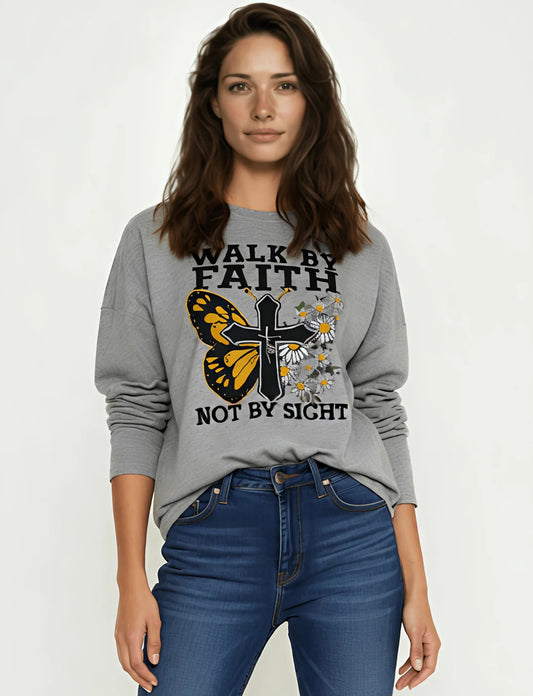 Walk by Faith Not by Sight Butterfly Long Sleeve Tee — Inspirational Christian Shirt - LiberTees for All