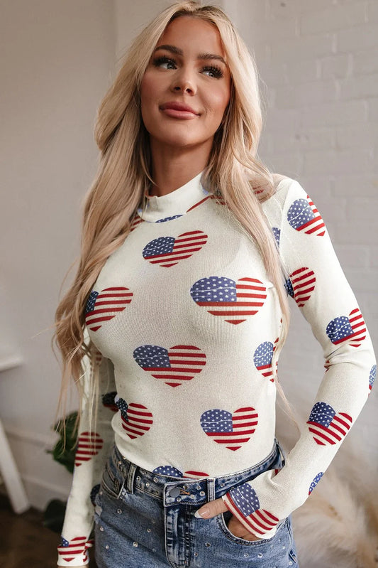 White Americana Glitter Mesh Long Sleeve Bodysuit - LiberTees for All