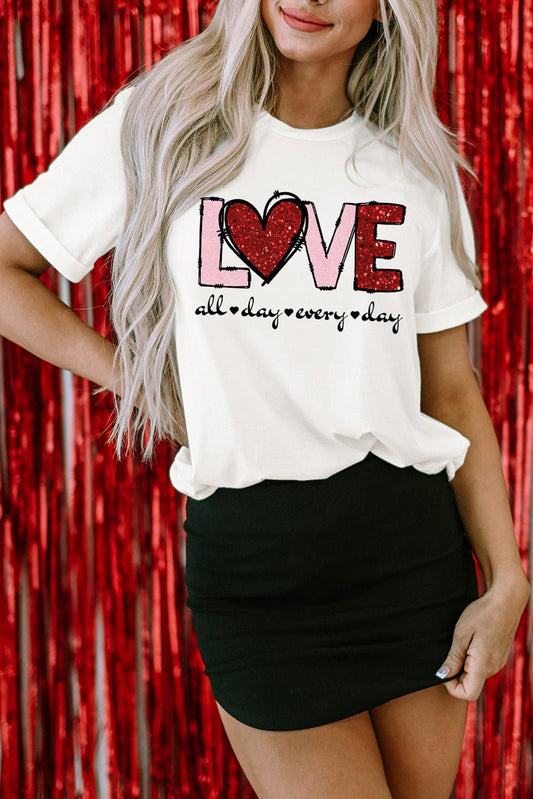 White Valentine LOVE Heart Shape Crew Neck Graphic Tee - LiberTees for All
