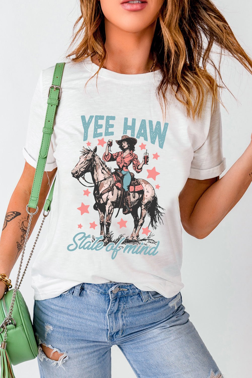 White YEE HAW State of mind Cowgirl Graphic Western Fashion Tee - LiberTees for All